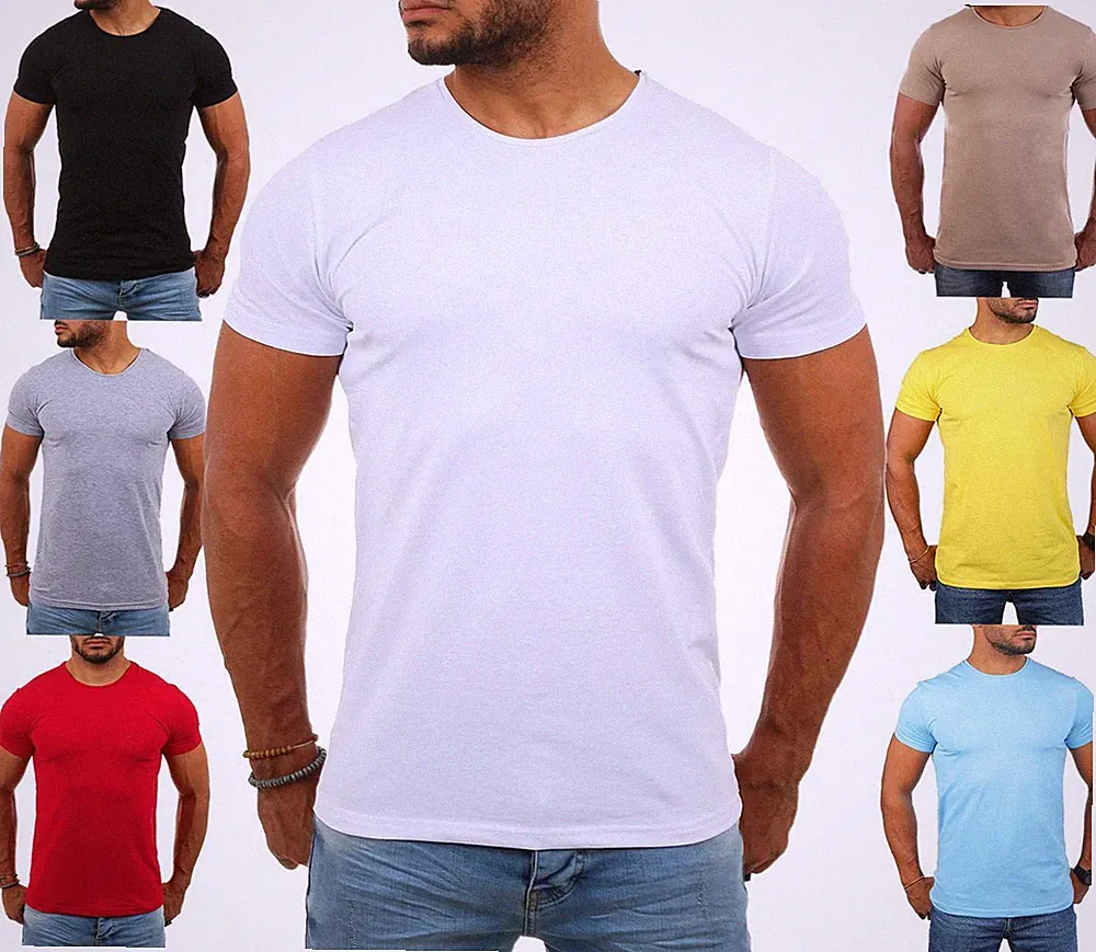 Young & Rich Herren Rundhals T-Shirt einfarbig slimfit stretch Uni Basic 1701