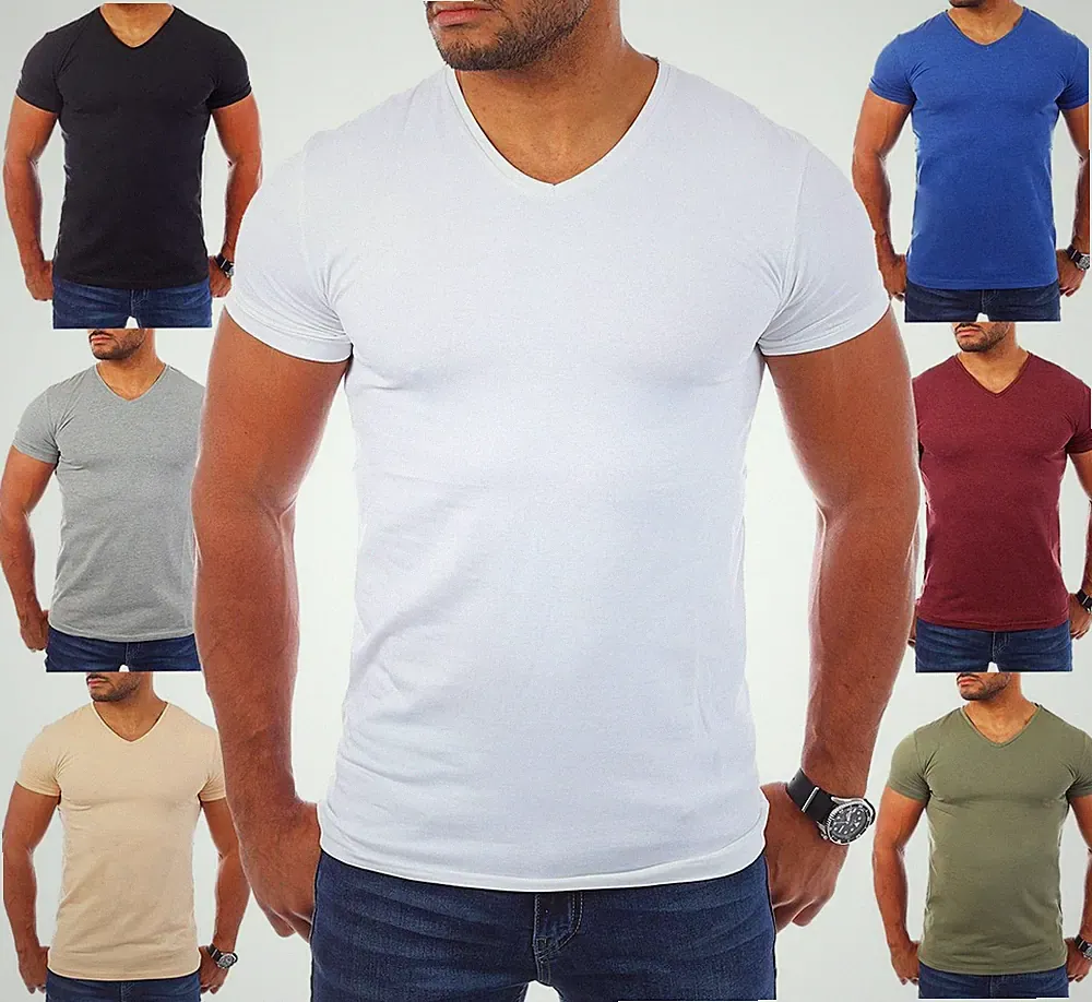 Young & Rich Herren V-Ausschnitt T-Shirt uni slimfit Stretch V-Neck tee 1700