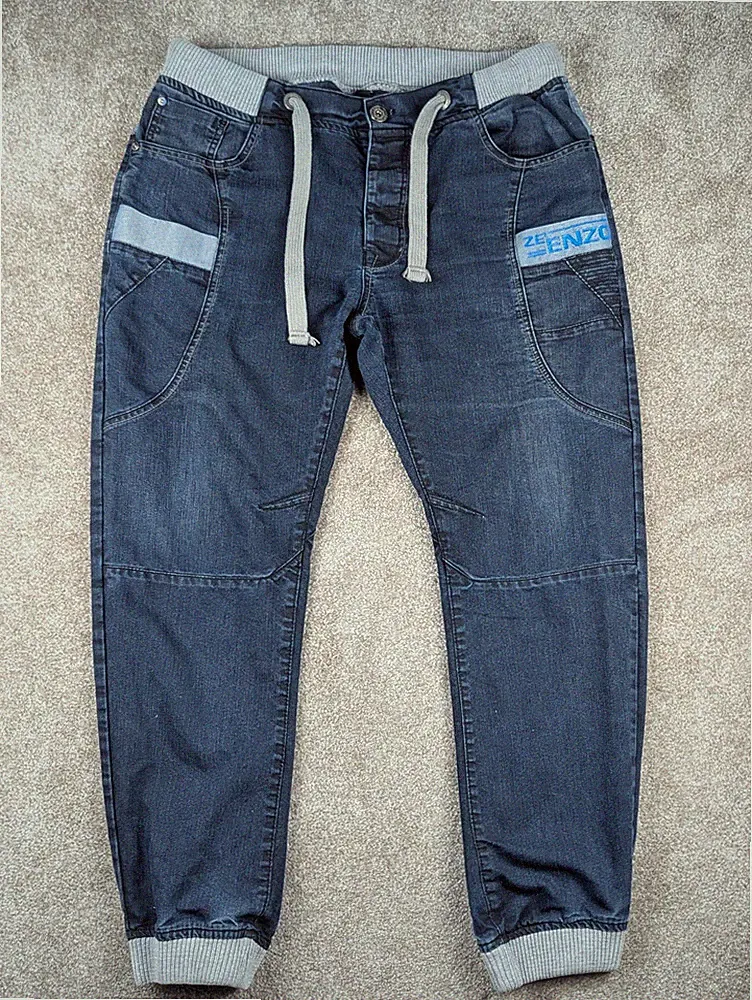 Ze Enzo 989 Herren Denim Jogger Jeans W38R Dunkelblau Bündchen Kordelzug Biker